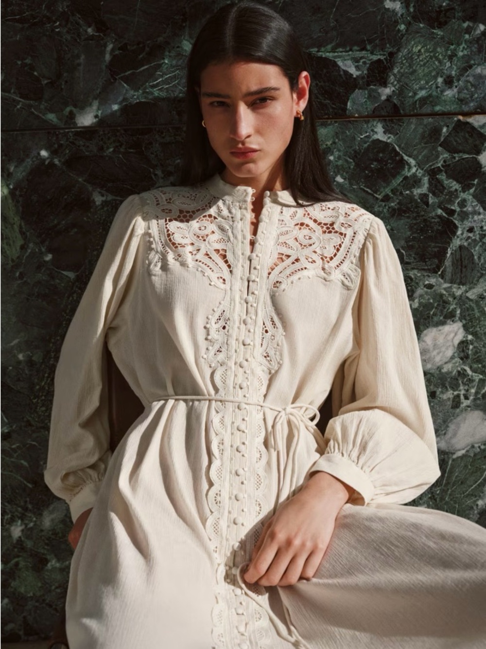 H&M Cream Long-Sleeve Lace-Detail Maxi Dress